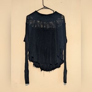 Free People Black Asymmetrical Distressed Long Sleeve Blouse
